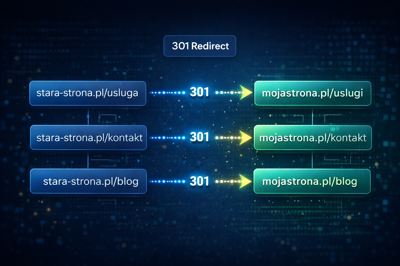 Schemat przekierowań 301 między starymi i nowymi adresami URL podczas migracji strony internetowej